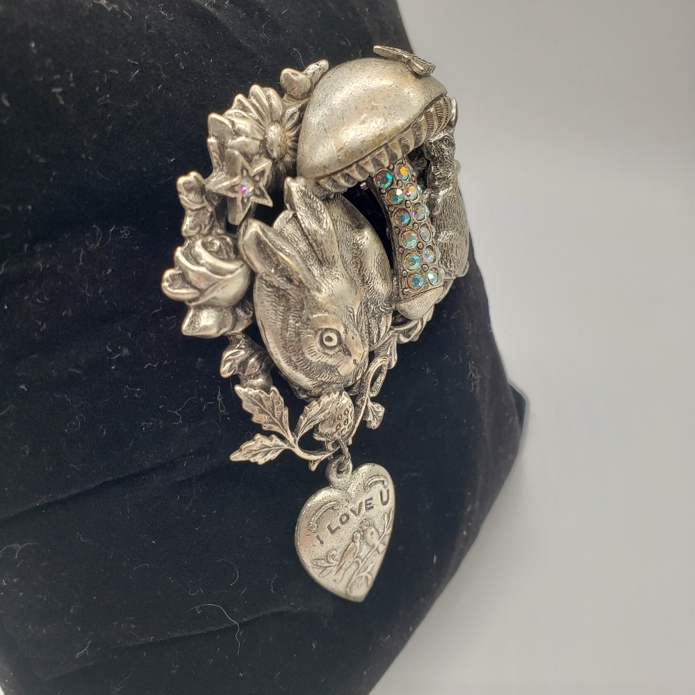 Kirks Folly Rabbit And Mushroom Silver Tone Brooch - image 2